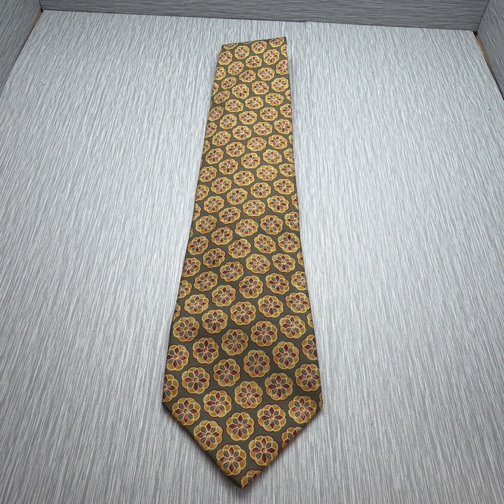 Paul Stuart Tie Italian Silk Geometric Medallion Print Green Brown Classic